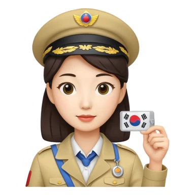 A Korean female tour guide holds her license. sticker