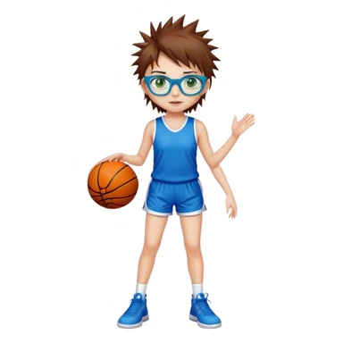 Full Body white Girl with basketball spikey short brown hair  wearing blue glasses with green eyes sticker