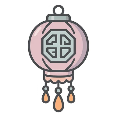 Chinese lantern with traditional Chinese pattern and decorative pendants, not minimalist, no floral decor, detailed shadows and highlights, thin clean contours, soft rounded shapes, pastel palette #98B5BC, #B5B3C1, #C9A3C9, #E4C0CA, #F7DCD1, #F7C0AA, modern Japanese pop-art and sticker aesthetics, high detail, vector sharpness, soft lighting, transparent background sticker