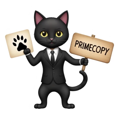 A black cat in a black business suit holds a sign with the inscription "PrimeCopy" in one paw sticker