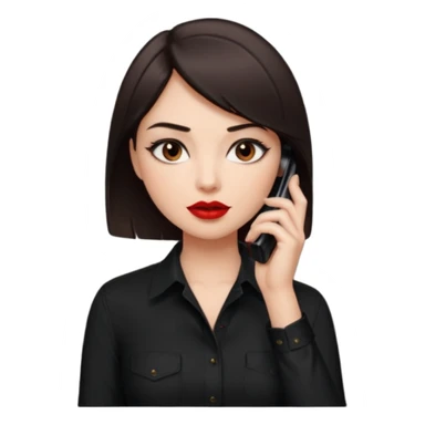 generate a pretty fair bratz girl with dark brown eyes. Dark brown hair straight short hair. tight black button up shirt with top shirt open.  Talking on the phone. Red lipstick, eyeliner on sticker