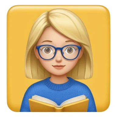 a girl with glasses wearing blue sweater reading a yellow cover book sticker