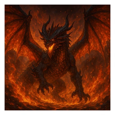 fire lord dragon, wings spread wide, fiery background, fantasy style, majestic fantasy illustration sticker