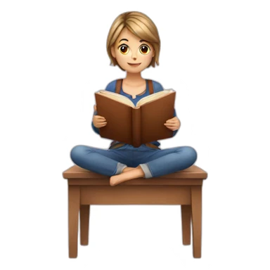 european girl seats with a book sticker