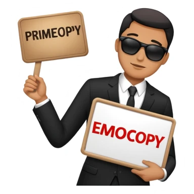 A man in a black suit and black sunglasses holds a sign that says PrimeCopy sticker