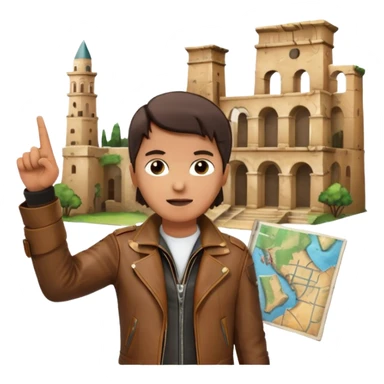 Icon for Documentary Film (TV style): A traveler pointing backward and narrating in front of ancient ruins. Include elements like historical landmarks, maps, and exploration tools to evoke a sense of adventure. Transparent background. sticker
