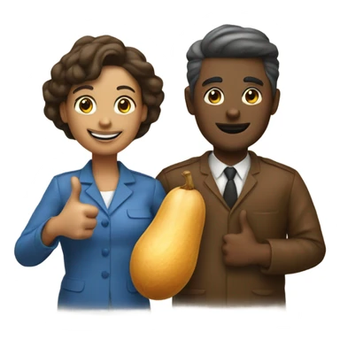 Man and woman next to a peanut giving a thumbs up sticker
