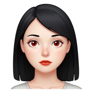 young woman with straight black hair, minimal makeup, and scattered red freckles sticker