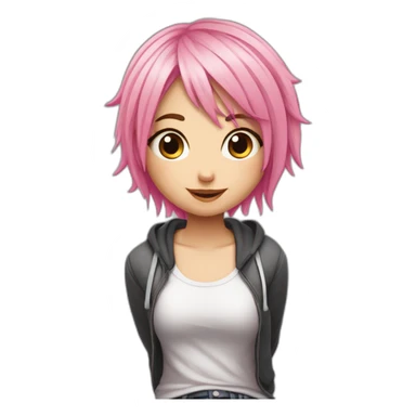 full body Front view curvy emo girl pink hair sits on the floor straight view hands up черная юбка белые трусики рваные полосатые чулки sticker