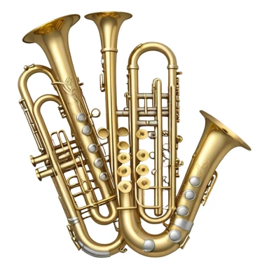 Create a complex, festive, and professional emblem-like emoji representing wind instruments. The design should resemble a heraldic crest, featuring iconic brass and woodwind instruments such as a trumpet, saxophone, clarinet, flute, trombone, and tuba, symmetrically arranged in a balanced composition. A flowing ribbon of musical notes should elegantly weave around the instruments, intertwining with their curves, bells, and mouthpieces, creating a dynamic and harmonious effect. The instruments should have rich metallic tones—gold for brass and silver for woodwinds—with polished highlights and intricate details on the keys and valves. Decorative elements such as elegant scrollwork, laurels, or subtle engravings should enhance the grandeur of the design, making it look celebratory and prestigious. The overall composition should be visually complete, refined, and suitable as a standalone emblem. The background should be transparent. sticker