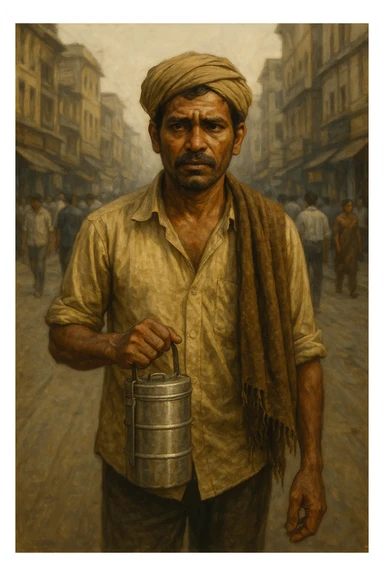 semi-realistic style portrait of an Indian man in humble attire, holding a lunchbox, heading to work, looking weary but determined, city street background sticker