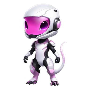 White, Chibi, White body, Anthro-Sona-Lizard-Alien-Salazzle-Mew-Fakémon, with pink eyes, with a futuristic visor-helmet, techwear suit, Full Body sticker