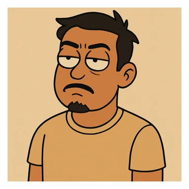 Make the tan skinned man with short black hair look more annoyed while rolling his eyes, and add a small goatee beard. Keep the style and background the same as the original image. sticker