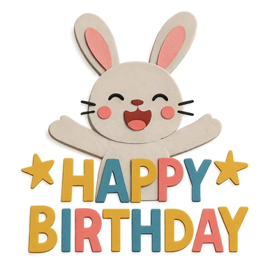 laughing bunny hugging "Happy Birthday" letters with stars, paper craft style, textured paper, layered sticker