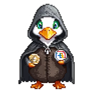A cool duck in a black cloak with a silver coin sticker