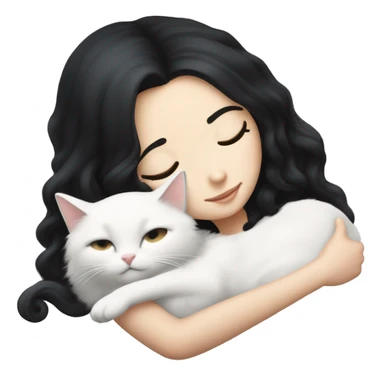 A pretty white girl with very long black hair and sleeping curled up to a white cat  sticker