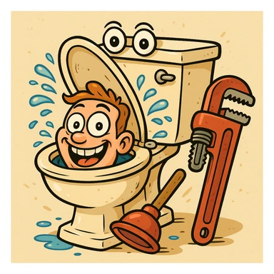 Toilet with open lid and human head inside, parody of Skibidi Toilet, exaggerated cartoon style, funny details sticker