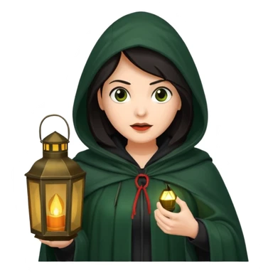 traitor tv show, dark haired woman wearing dark green cloak with hood up who looks very evil and is holding up a lantern sticker