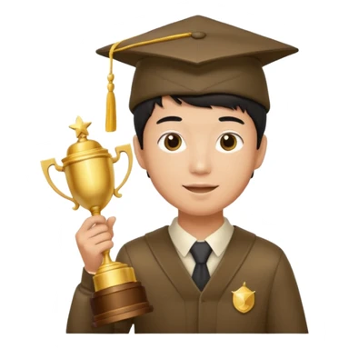 An asian man wearing student hat, holding a trophey sticker