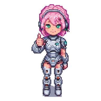 cyborg girl with pink hair giving a thumbs up, pixel art style sticker