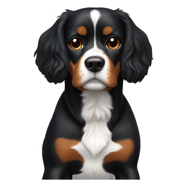 Black dog that looks like a Cavalier king but has a white stripe on chest and a bit of white on chin sticker