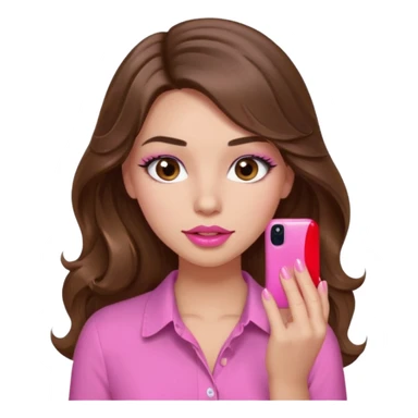 girl with long wavy brown hair, brown eyes, light to medium complexion, in a pink shirt, pink lips, long lashes, puckered lips, showing off a pink manicure sticker