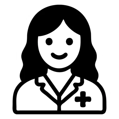 young woman, brown long wavy hair, medical white clothes, friendly, front view, smiling sticker