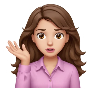 girl with wavy long brown hair, brown eyes, light to medium complexion, long lashes, light pink lipstick, wearing light pink shirt, shrugging with both hands, confused sticker