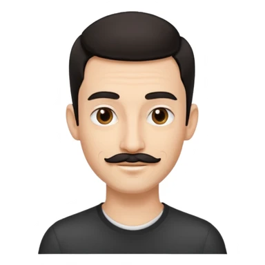 young male designer, receding dark hair, thin moustache, black earring left ear, cheerful sticker