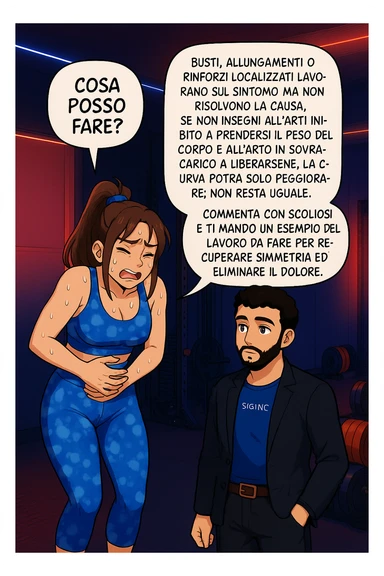 ispirati a questo stile di disegno e fai questa immagine in versione manga/webtoon a colori, il manga mostra la donna preoccupata che chiede: "COSA POSSO FARE?" E L'UOMO CHE RISPONDE: Busti, allungamenti o rinforzi localizzati lavorano sul sintomo ma non risolvono la causa. Se non insegni all’arto inibito a prendersi il peso del corpo e all’arto in sovraccarico a liberarsene, la curva potrà solo peggiorare; non resta uguale. Commenta con scoliosi e ti mando un esempio del lavoro da fare per recuperare simmetria ed eliminare il dolore. sticker