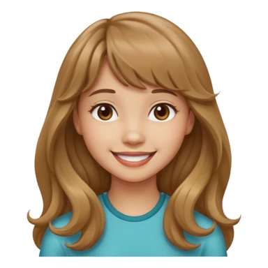 Please generate a portrait of a pretty girl with long, wavy, light brown hair and bangs, she's smiling. sticker