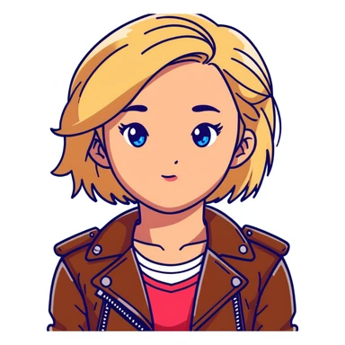 14-year-old girl with choppy blonde hair, armpit length, shortest at mouth, middle part, light freckles, blue eyes, defined cupid's brow, tight dark red top, brown leather jacket, necklaces sticker