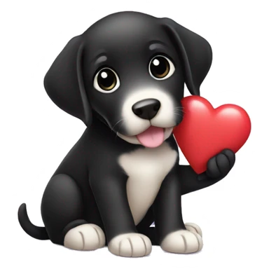sitting black labrador puppy is holding a heart sticker