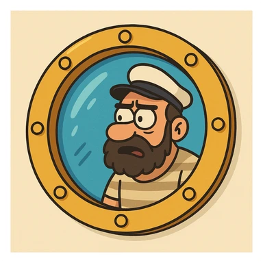 cartoon-style ship porthole with blue glass and shiny gold rim sticker