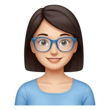 mujer de 30 años, cabello marron oscuro, anteojos cuadrados transparente, top celeste escote cuadrado, piel blanca, cara redonda sticker