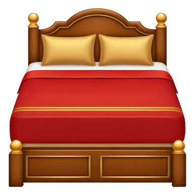 bed with red and gold sheets, wooden sticker