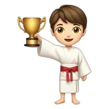 a 12-year-old boy with brown hair in a white kimono holds a prize cup with two hands sticker