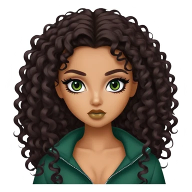 curly long dark brown hair, tan skin,  dark green iris, pretty bratz baddie, black eyeliner sticker