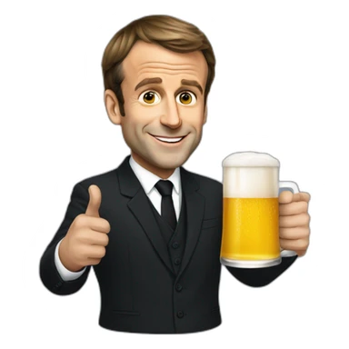 Emmanuel Macron holding a beer sticker