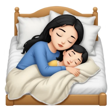 girl with black hair and light skin sleeping on a bed with a blanket onemoji sticker