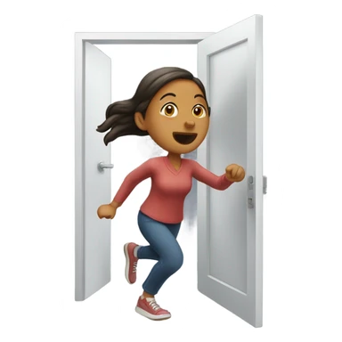 Woman running out a door sticker