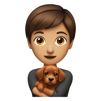short hair brunette girl holding dark orange puppy sticker