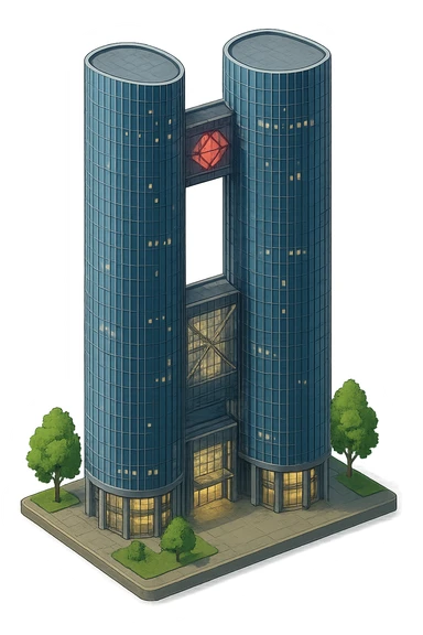 Изометричная, яркая, детализированная и фотореалистичная иллюстрация башня Moscow Towers в Москве чёткие линии, слегка мультяшная но объемная стилистика, прозрачный фон, не обрезать края картинки sticker