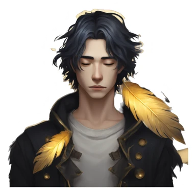 Hamlet young skinny sad man iridescent hair wearing raven feathers with a gilded hourglass and golden flames yin yang  sticker