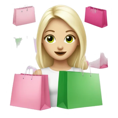cute platinum blonde with green eyes surrounded by pink shopping bags sticker