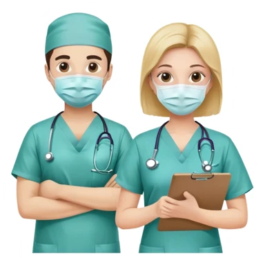 Doctor with surgical mask and scrubs next to another doctor with clipboard sticker