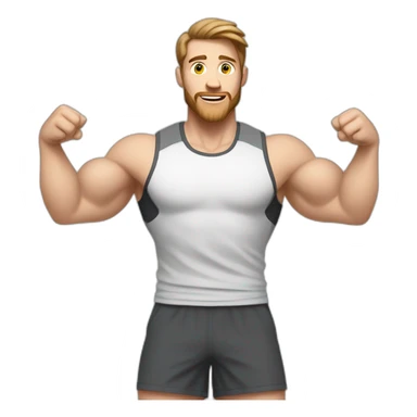 Close up Actively gesturing  with hands Pale skinned Fit Man With the biceps and brown hair in dark gray Sleeveless Mike, black oversize sports shorts, watch and white Sneakers sticker