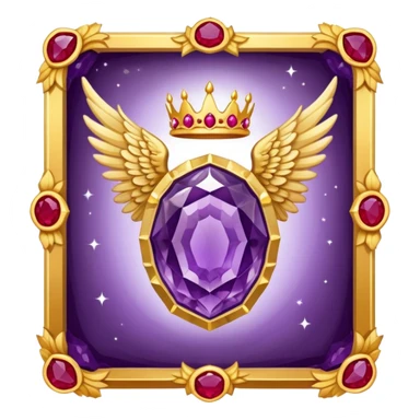 Big amethyst geode with red rubby dots inside award-in-frame-decorated-with-big-golden-angel--wings and crown sticker