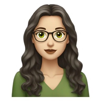 White woman with long dark brown hair and green eyes using glasses writing sticker