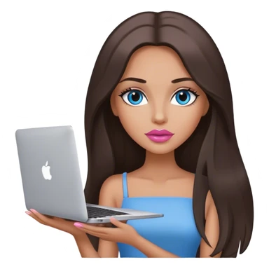 Glamours tanned very beautiful girl with pump pink-beige lips and dark chocolate straight smooth long hair, blue-grey eyes with MacBook sticker